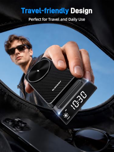 3 in 1 Charging Station for Apple, Travel Wireless Charger with Clock | ELECDOV Magnetic Charger for iPhone, Foldable Watch Charger Stand for iPhone 17/Air/16/15 Series, iWatch 10/AirPods 4 - color: Carbon Fiber