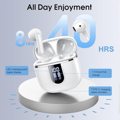 Wireless Earbuds, Bluetooth 5.4 Headphones with 3D Bass Stereo, 40H In-Ear Buds with 4 ENC Noise Cancelling Mic, Ultralight Bluetooth Earbuds USB-C LED, IP7 Waterproof Earphones for Android iOS, White - color: White