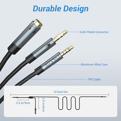 3.5mm TRS to TRRS Microphone Cable, Connect 3-Pole MIC to 4-Pole Combo Jack for Phone, Tablet, Laptop Computer, Not for Camera, 10 Feet