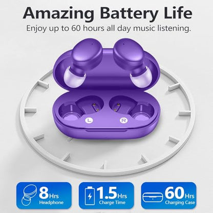 MOZOTER Mini Wireless Earbuds Bluetooth 5.3 in Ear Headphones Headsets | Light Weight,60Hrs Playtime Ear Buds with Charging Case,Smart Touch Control,Premium Sound with Deep Bass for Sport-Purple - color: Pure Purple