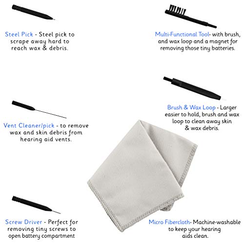 8 Piece Kit Hearing Aid Cleaning Tools and Earphone Earbuds Airpod Cleaner Kit – Includes Vent Cleaner, Steel Pick, Screw Driver, Brush and Wax Loop Microfiber Cloth and Hard Carrying Case