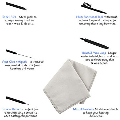 8 Piece Kit Hearing Aid Cleaning Tools and Earphone Earbuds Airpod Cleaner Kit – Includes Vent Cleaner, Steel Pick, Screw Driver, Brush and Wax Loop Microfiber Cloth and Hard Carrying Case