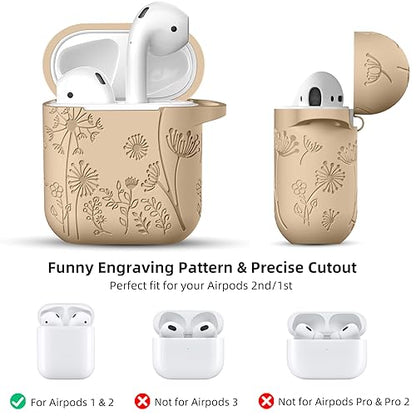 Lerobo for AirPod Case 2nd/1st Generation with Keychain | Flower Engraved Silicone Protective Cover for AirPods 2 Case, Wireless Charging, Led Visible, One-piece Design, Milk Tea - color: Milk Tea