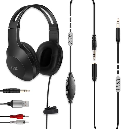 20Ft Extra Long Cord Headphones for TV with 3.5mm AUX, RCA & USB Connection | 3.5mm Wired TV Headphones with Inline Volume Control & Extension Cable, AUX, RCA & USB Input for Most TVs, Senior Friendly