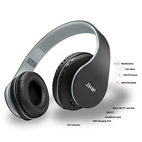 ZIHNIC Bluetooth Headphones Over-Ear, Foldable Wireless and Wired Stereo Headset Micro SD/TF, FM for Cell Phone,PC,Soft Earmuffs &Light Weight for Prolonged Wearing(Black/Gray) - color: Gray