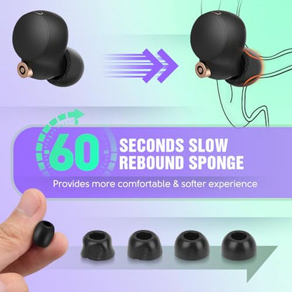 Memory Foam Tips for Sony Earbuds, WF-1000XM4 / XM3 / WF-C500 /WF-C700N/ Linkbuds S, Anti-Slip Replacement Ear Tips for Sony True Wireless Earphone, Noise Cancellation, 3 Pairs (Mixed Sizes, Black)