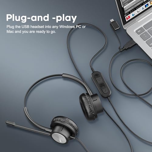 MKJ USB Headset with Noise Cancelling Microphone for Call Center & Office | USB-A & USB-C Connectors, Work with Computer PC Laptop, for Zoom Ms Teams Webinar, Clear Sound, Soft Ear Cushions