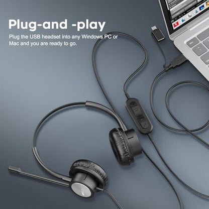 MKJ USB Headset with Noise Cancelling Microphone for Call Center & Office | USB-A & USB-C Connectors, Work with Computer PC Laptop, for Zoom Ms Teams Webinar, Clear Sound, Soft Ear Cushions