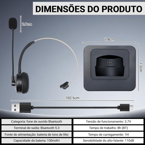Bluetooth Headset with Mic, Wireless On Ear Headphones with Noise Cancelling Microphone for Trucker, Hand Free Wireless Headset for Cellphone