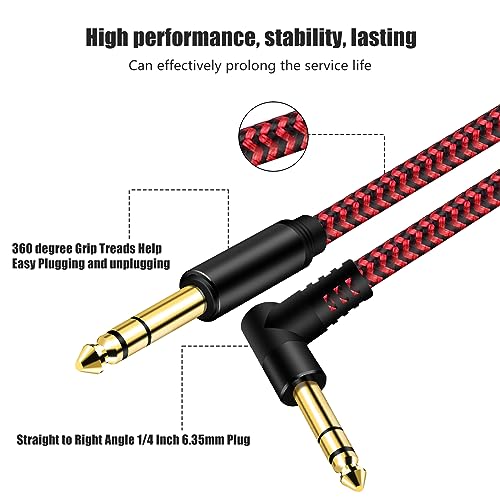 1/4 Inch TRS Instrument Cable 10Ft, 6.35mm TRS to 6.35mm TRS Stereo Audio Cable Male to Male Right-Angle-to-Straight for Electric Guitar, Bass, Keyboard,Mixer,Amplifier,Speaker,Equalizer.…red - color: Red, size: 10Ft