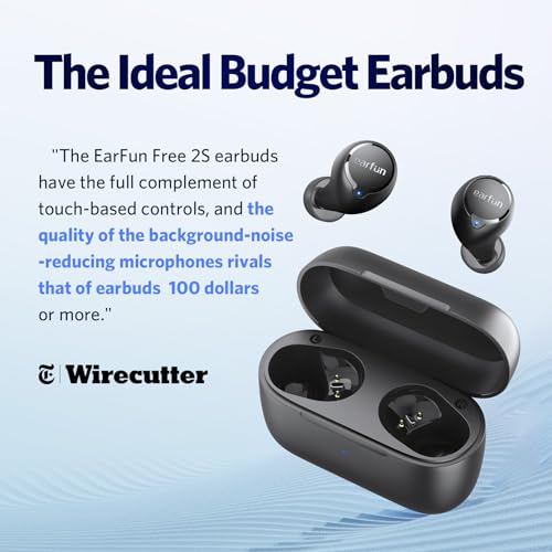 EarFun Free 2S Wireless Earbuds, Bluetooth Earbuds with Deep Bass | 4 Mics for Clear Call, Customizable EQ App, IPX7 Waterproof in-Ear Headphones, 30H Playtime, Wireless Charging - color: Black