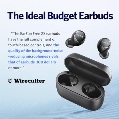 EarFun Free 2S Wireless Earbuds, Bluetooth Earbuds with Deep Bass | 4 Mics for Clear Call, Customizable EQ App, IPX7 Waterproof in-Ear Headphones, 30H Playtime, Wireless Charging - color: Black