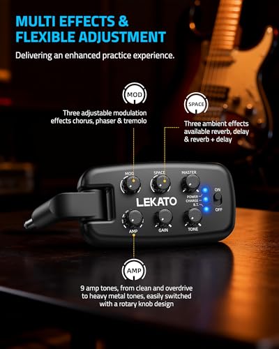 LEKATO PA-2 Guitar Headphone Amp for Electric Guitar Headphone Amplifier for Portable Practice, 9 Amp Models, 3 Mod Effects, 3 Space Effects, with Bluetooth Receiver, USB OTG Recording