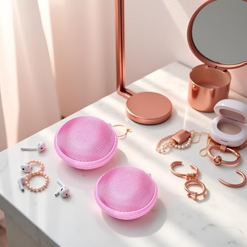 2Pcs Pink Compact Round Mini Earphone Hard Case Bag - Travel Pouch for Headphones, Coins, and Keys, Small Cosmetic Carrying Bag Headphones, Earbuds Accessories