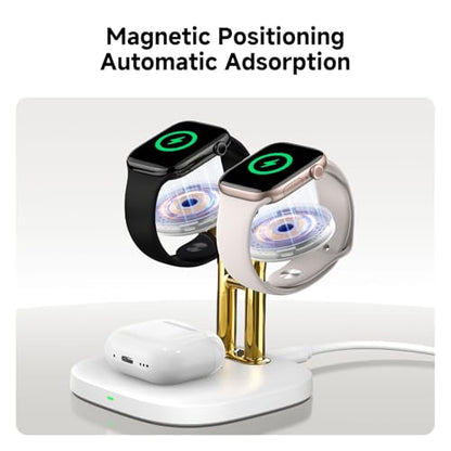 3 in 1 Dual Watch Wireless Charger Stand for Apple Watch Ultra/11 & AirPods | Dual magnetic watch charging, 5W Fast watch charge, Ergonomic design, Chrome plated plastic stand, Multi safety guard, 704A - color: White & Gold