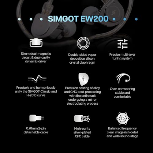 Linsoul SIMGOT EW200 10mm SCP Diaphragm Dynamic Driver IEM in-Ear Earphones | with All Metal Body, Detachable 0.78mm 2pin Silver-Plated OFC Cable for Audiophiles Musicians, 3.5mm without Mic - style: EW200 Without Mic