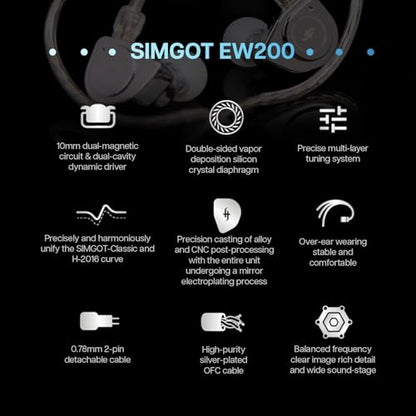 Linsoul SIMGOT EW200 10mm SCP Diaphragm Dynamic Driver IEM in-Ear Earphones | with All Metal Body, Detachable 0.78mm 2pin Silver-Plated OFC Cable for Audiophiles Musicians, 3.5mm without Mic - style: EW200 Without Mic