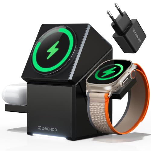 ZEEHOO 3 in 1 Charging Station, iPhone Charging Station for Apple MagSafe Charger, 15W Fast Wireless Charger, for Apple Watch, for iPhone 17,16 15,14,13,12 Series, AirPods (Black) - color: Black