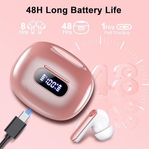 Wekily Wireless Earbuds, Bluetooth 5.3 Headphones LED Power Display, 2025 New Wireless Earphones, 4 ENC Noise Cancelling Mic, HiFi Stereo, 48H Playtime Mini Case IP7 Waterproof for iOS Android - color: Barbie Pink