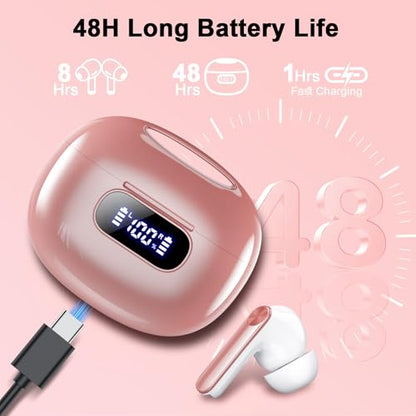 Wekily Wireless Earbuds, Bluetooth 5.3 Headphones LED Power Display, 2025 New Wireless Earphones, 4 ENC Noise Cancelling Mic, HiFi Stereo, 48H Playtime Mini Case IP7 Waterproof for iOS Android - color: Barbie Pink