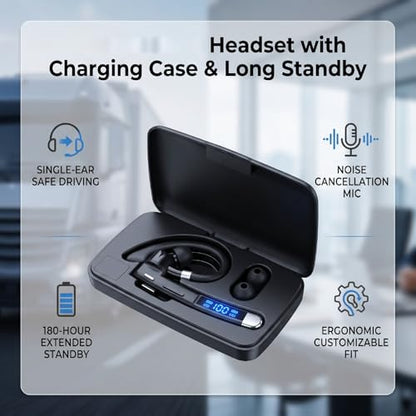 ASHATA Bluetooth Headset, Wireless Bluetooth Single Ear Earpiece with Built in Microphone Noise Canceling, Wireless Earpiece 180H Standby 10H Talk Time for Trucker Driver Business (Headset)