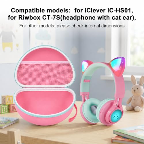 PAIYULE Kids Headphone Case for Riwbox CT-7S/CT-7, for iClever IC-HS01 | Headphone case for kids, hard EVA shell, mesh pocket, fits cat-ear over-ear models, red, school and travel, box only, Pink - color: Pink