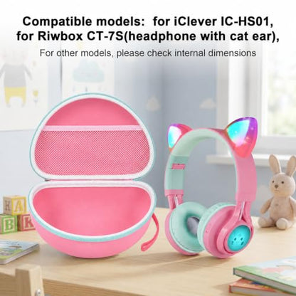 PAIYULE Kids Headphone Case for Riwbox CT-7S/CT-7, for iClever IC-HS01 | Headphone case for kids, hard EVA shell, mesh pocket, fits cat-ear over-ear models, red, school and travel, box only, Pink - color: Pink