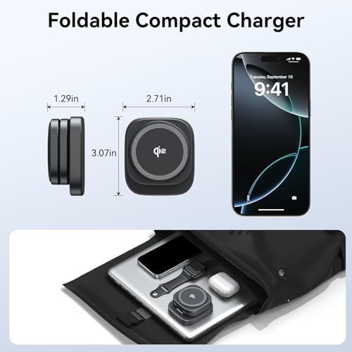 Wireless Charging Station for Multiple Devices, 3 in 1 Travel Charger Dock, Foldable Magnetic Stand Compatible with MagSafe Qi2, iPhone 17 16 15 14 13 12 Air, Apple Watch Series & Air pods 4 3 2 Pro