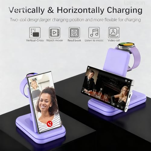 Wireless Charging Station for Samsung/Android, Fast Wireless Watch Charger Station Compatible for Samsung Galaxy S26 Ultra/S25/S24+/Z Flip 7/6 Fold 7/6, Watch8/7/Pro/Active 2 Galaxy Buds3/2 Pro(Purple - color: Purple