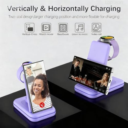 Wireless Charging Station for Samsung/Android, Fast Wireless Watch Charger Station Compatible for Samsung Galaxy S26 Ultra/S25/S24+/Z Flip 7/6 Fold 7/6, Watch8/7/Pro/Active 2 Galaxy Buds3/2 Pro(Purple - color: Purple
