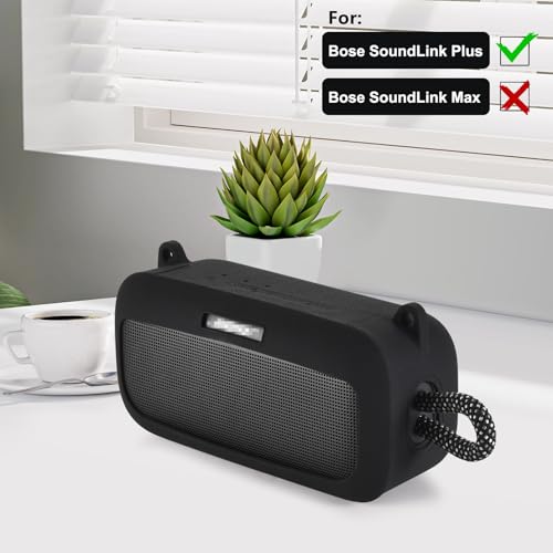 Silicone Shockproof Case for Bose SoundLink Plus with Strap | Snug fit for Bose SoundLink Plus, shockproof silicone with anti-slip grip, easy access cutouts, detachable shoulder strap. - color: Black