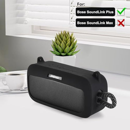 Silicone Shockproof Case for Bose SoundLink Plus with Strap | Snug fit for Bose SoundLink Plus, shockproof silicone with anti-slip grip, easy access cutouts, detachable shoulder strap. - color: Black