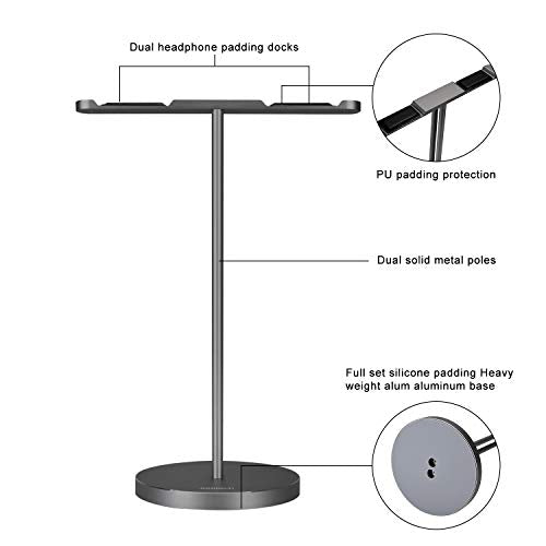 Double Headphones Stand, Aluminum Alloy Desk 3 Headsets Holder Supporting Desktop Earphone Hanger Mount Storage Rack with Heavy Base for Home and Office Display Spacegrey - color: Spacegrey