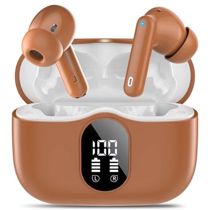 Wireless Earbuds, Bluetooth 5.4 Headphones Bass Stereo/Clear Calls, Brown | Ear Buds with Noise Cancelling Mic LED Display in Ear Earphones IP7 Waterproof 36H Bluetooth Earbuds for Phones/Sport/Laptop - color: Brown