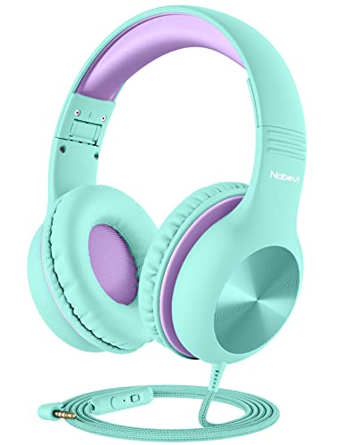 Nabevi Kids Headphones with Microphone, Over-Ear Headphones for Kids with Sharing Function, 85dB/94dB Safe Volume Limit, Wired Headphone for Children, Kid Headset for School, Tablet, Travel, Green - color: Green