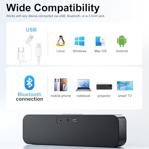 Computer Speakers for Desktop PC,Rechargeable Bluetooth Speaker,Small Computer Soundbar with Stereo & Bass,3.5mm Aux-in,TF Port,Loud Volume for Web Conferences,Teacher,Music (Black) - color: Black