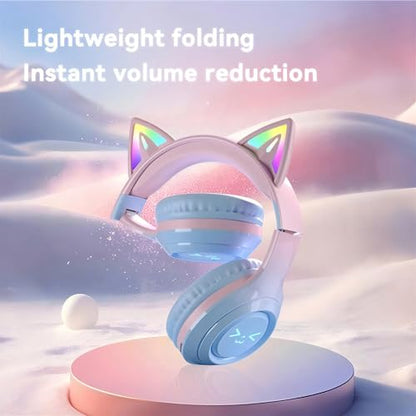 Cat-Ear Wireless Headphones Bluetooth 5.3 Over the Ear Headphones with RGB Light Built-in Mic Foldable Fashionable Stereo Headset Support TF Card for Gaming Travel PC Phone iPad（Ice Blue） - color: Ice Blue