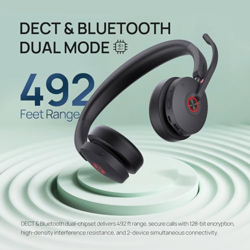 Yealink WH68 Hybrid Wireless Headset with Noise Cancelling Mic for Office | ANC Headphones,DECT and Bluetooth Dual-Connect,Teams Certified,6 Mics,492ft Range,32H Call Time,PC/Laptop/Desktop/Work/Zoom