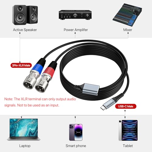Dual XLR to USB C Audio Cable 6.6FT, 32Bit/384Khz USB Type C to 2 XLR Male Adapter Stereo Power Amplifier Cable for Connecting Smartphones USB C to Active Speaker, Laptops,Mixer Console