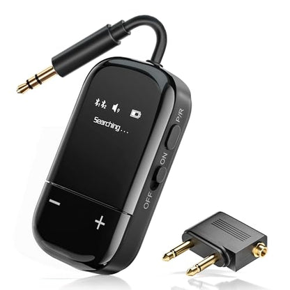 Airplane Bluetooth 5.3 Audio Transmitter with Qualcomm aptX Adaptive, LCD Display, Dual Device Support, 30Hr Battery, 3.5mm AUX for Travel, Flight, Gym