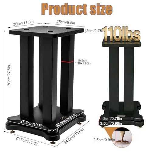 Heavy Duty Bookshelf Speakers Stand Pair, 110lbs(Black, 27.5in) | Floor Speaker Stands for Home Theater/Studio, Surround Sound, Bookshelf/Satellite Speakers, Large Base, Anti-Slip Pads - size: 27.5in