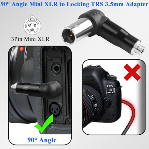 QIANRENON Locking TRS 3.5mm to Mini XLR 90° Angle Headphone Connector Lockable 1/8 TRS Female to 3Pin Mini XLR Male Balanced Audio Adapter, Right Angle Adjustable, for Fanny Pack Microphone