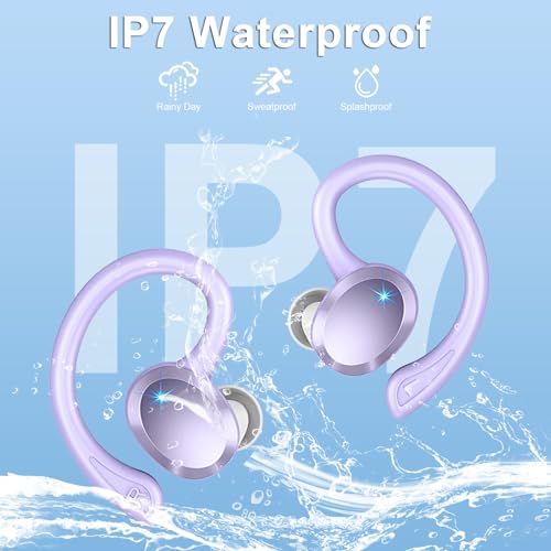 Wireless Earbuds Sport, 2025 Bluetooth 5.3 Headphones Bass Hi-Fi Stereo Over Ear Buds, 48Hrs Noise Cancelling Headset with Earhook, IP7 Waterproof Earphones Workout Running for Laptop Pad Android iOS - color: Purple
