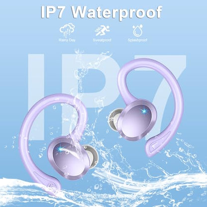 Wireless Earbuds Sport, 2025 Bluetooth 5.3 Headphones Bass Hi-Fi Stereo Over Ear Buds, 48Hrs Noise Cancelling Headset with Earhook, IP7 Waterproof Earphones Workout Running for Laptop Pad Android iOS - color: Purple