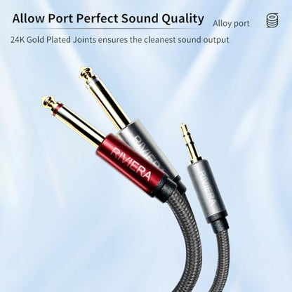 RIVIERA 20FT/6.0M Audio Cable 3.5mm 1/8" TRS to Dual 6.35mm 1/4" TS Braided Sheild Copper Wire and 24K Gold Plated Low Noise with Braided Nylon Jacket for Digital Players & Musical Instruments - color: 1/8 TRS-Dual 1/4 TS Black, size: 20FT/6.0M