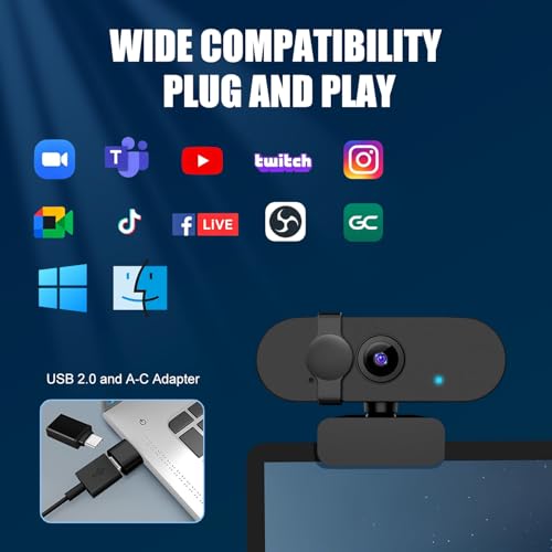 1080P 30FPS Webcam for PC, Auto Light Correction, Fixed Focus | Built-in Mic, Privacy Cover, 90° Wide-Angle Lens, A-to-C Adapter, Plug&Play for Zoom, Microsoft Teams, Video Conferencing