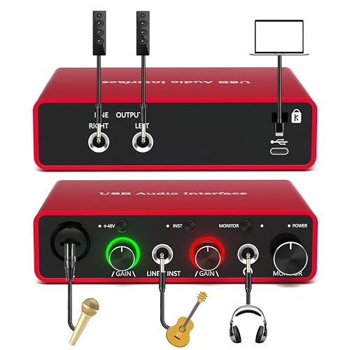 USB Audio Interface for PC, 48V Phantom Power Audio Interface for Computer Recording Music, Podcasting, and Streaming, 24-Bit/192kHz, XLR & 1/4” Combo Connectors, LINE/INST Input