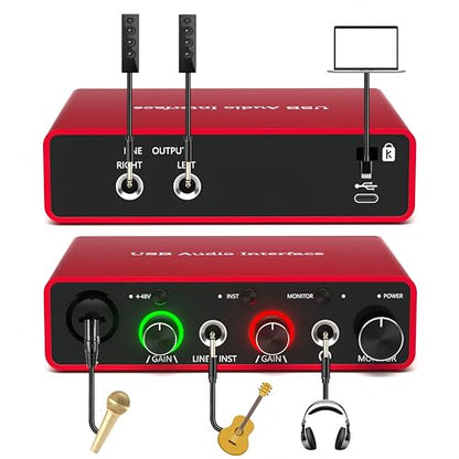 USB Audio Interface for PC, 48V Phantom Power Audio Interface for Computer Recording Music, Podcasting, and Streaming, 24-Bit/192kHz, XLR & 1/4” Combo Connectors, LINE/INST Input