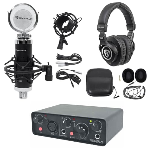 Rockville R-TRACK SOLO USB-C Audio Interface Bundle with RCM03 Mic, PRO-M50 | 24-Bit/192kHz, 2-In/2-Out, XLR/Hi-Z/TRS Inputs, 48V Phantom Power, ASIO Drivers, PRO-M50 Studio Headphones, 3-Items