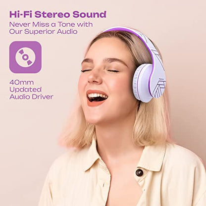 PowerLocus Bluetooth Over-Ear Headphones, Wireless Stereo Foldable Headphones Wireless and Wired Headsets with Built-in Mic, Micro SD/TF, FM for iPhone/Samsung/iPad/PC (White/Violet) - color: White/Violet